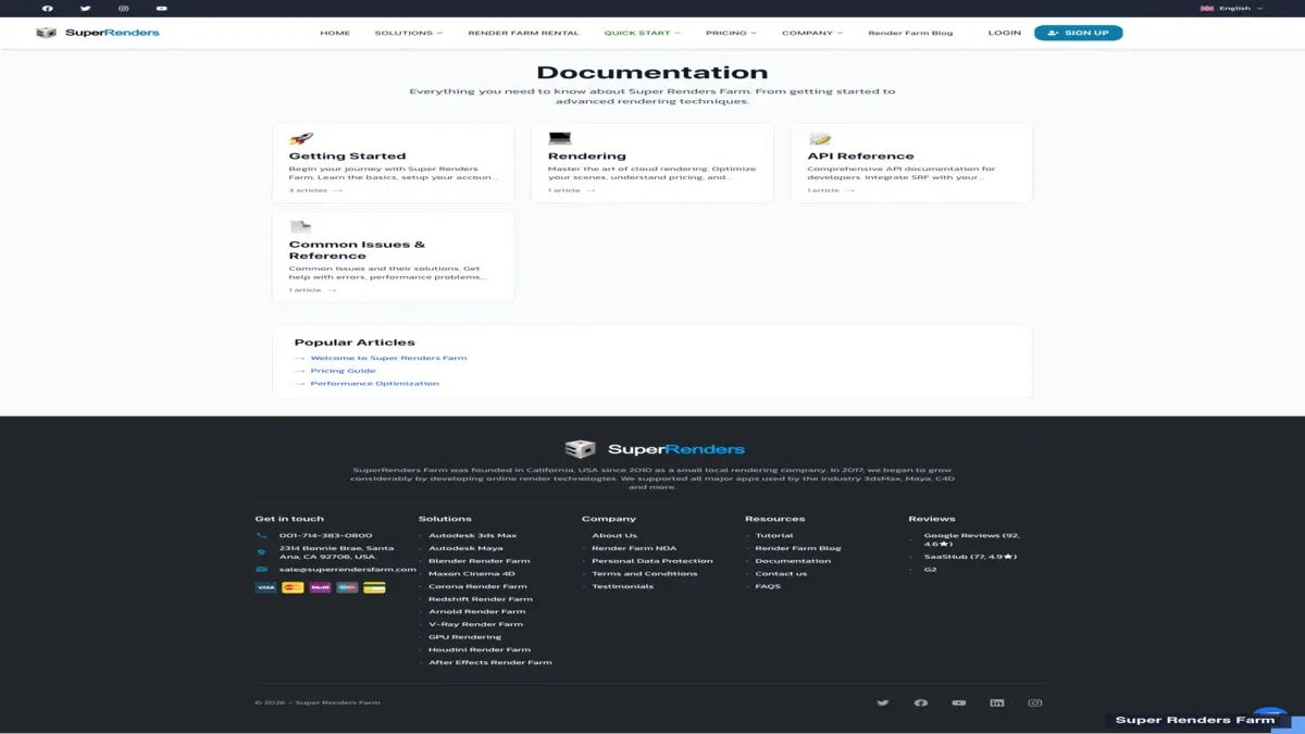 SuperRenders Farm documentation landing page with /docs left-rail navigation listing Getting Started, DCC Pipelines, Common Issues, and Tools sections, and the welcome page open on the right showing the introductory paragraph and quick links