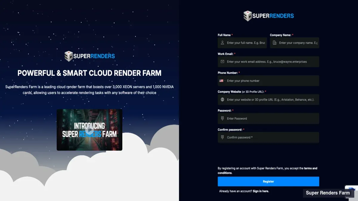 SuperRenders Farm signup form with email and password fields, terms-of-service checkbox, and the Create account button β the page where new customers register their account before any upload or render