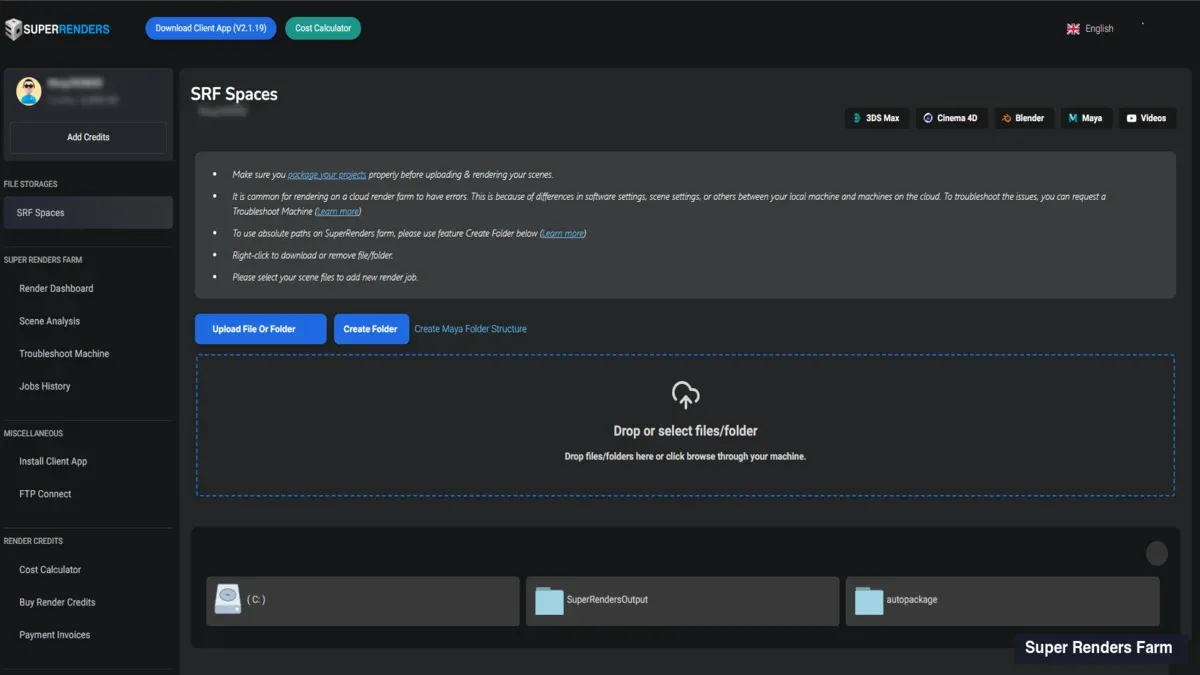 SuperRenders Farm dashboard upload chooser modal showing four upload paths: drag-and-drop area, Google Drive connector tile, Dropbox connector tile, and SuperRenders Client App link β the entry point where customers pick how to move their packaged project to the farm