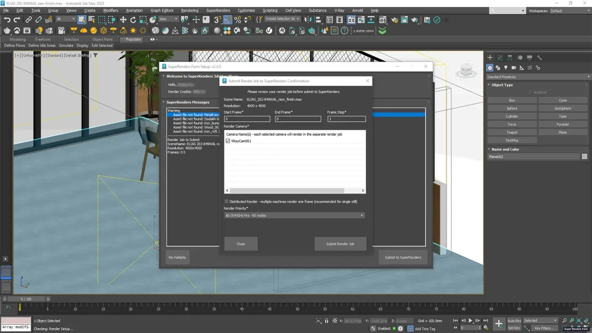 SuperRenders Farm job submission form showing the scene-file selector, frame-range input, render-engine dropdown, output-format chooser, resolution overrides, and the live estimated-cost panel displaying credits and dollar amount before the customer clicks submit