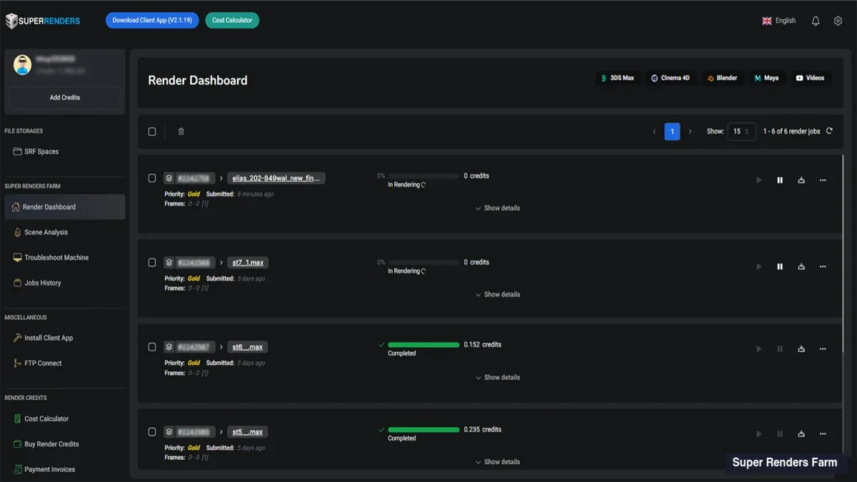 SuperRenders Farm per-job dashboard view showing the per-frame status grid with green cells for completed frames and yellow cells for in-flight frames, per-frame render-time log, live cost meter ticking upward, and the dashboard URL bar β the monitoring view a customer keeps open while a render runs