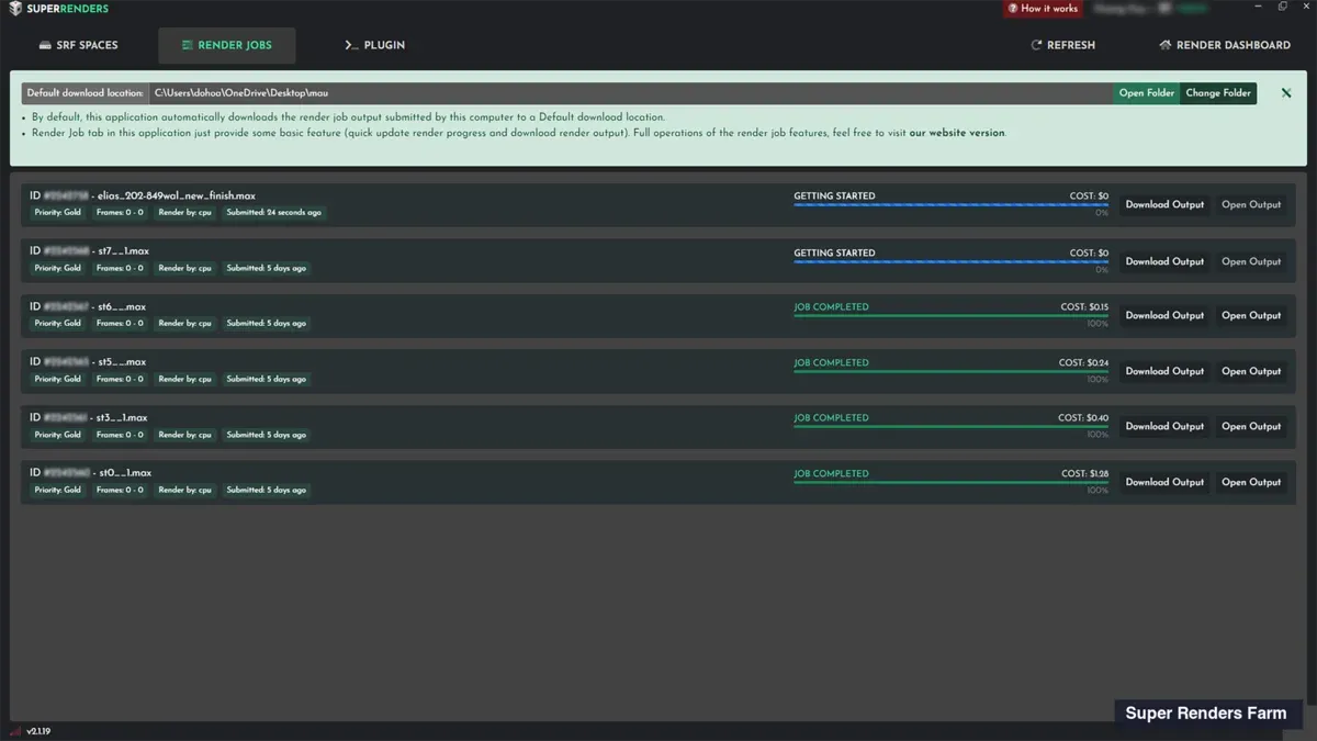 SuperRenders Farm completed-job view showing the download panel with single-archive and per-frame download options on the left, and the credit ledger on the right listing per-frame cost breakdown with the cumulative total β the screen a customer uses to retrieve renders and reconcile cost against the pre-submit estimate