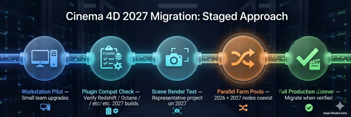 Cinema 4D 2026 to 2027 migration staged approach — workstation pilot, plugin compatibility check, scene render test, parallel farm pools, full production cutover