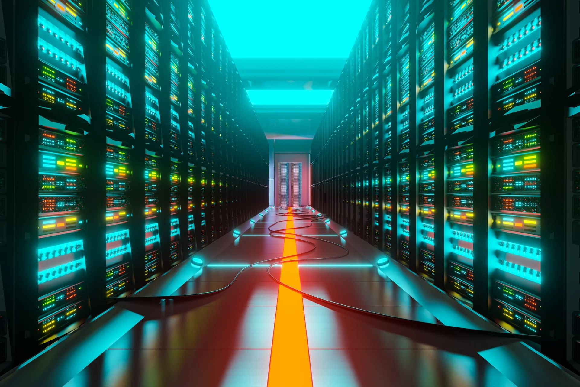 Modern server room with blue and teal lighting, showing rows of server racks in a futuristic data center