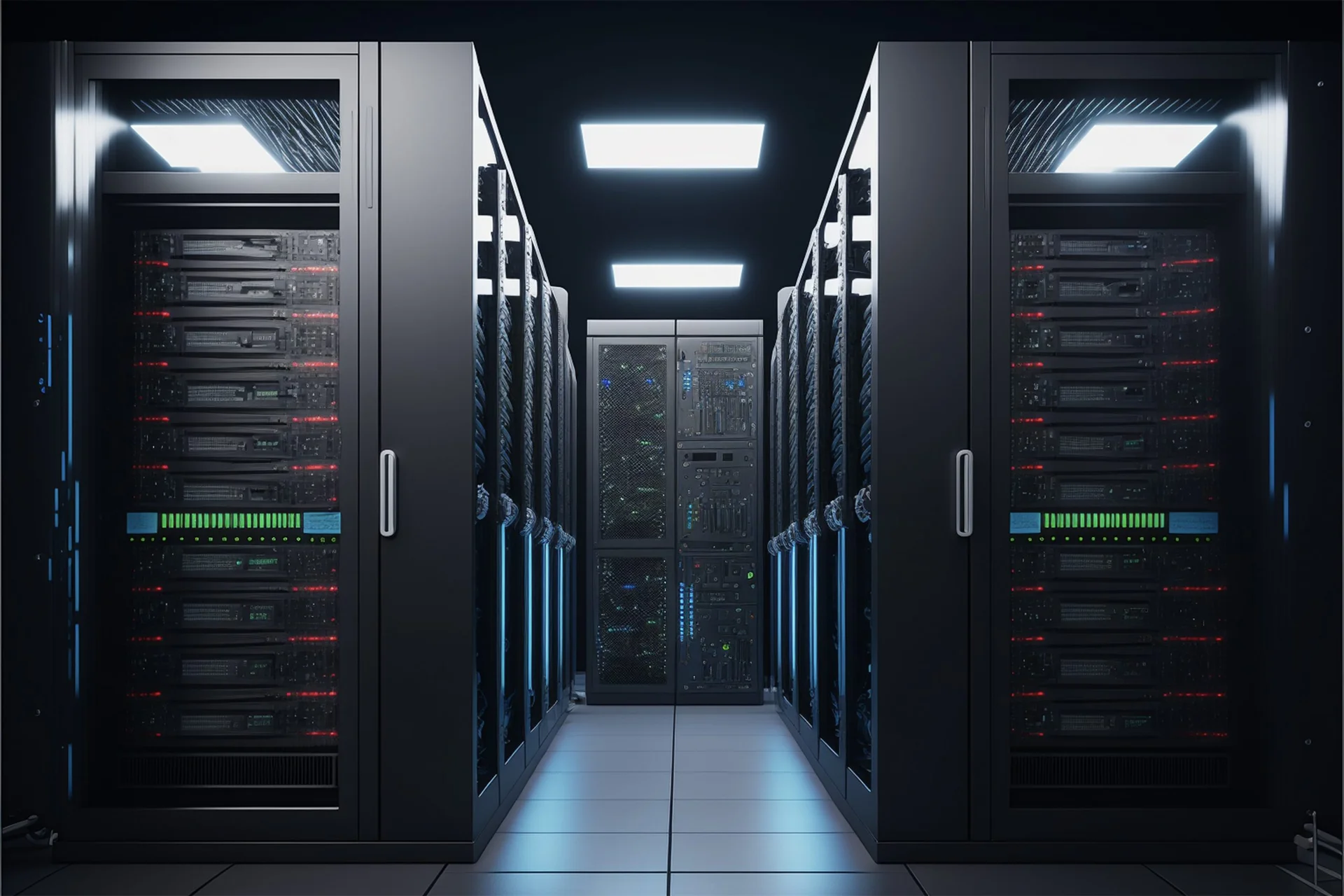 Modern server room with racks and blue lighting